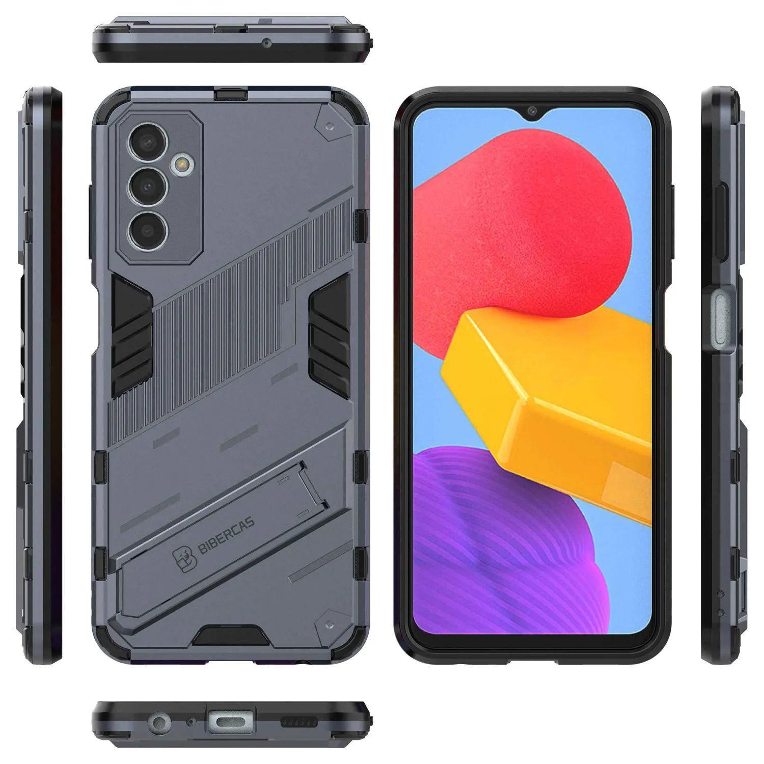 For Samsung Galaxy M13 4G Kickstand Protective Phone Case Drop-Proof Hard PC Soft TPU Hybrid Cover - Grey