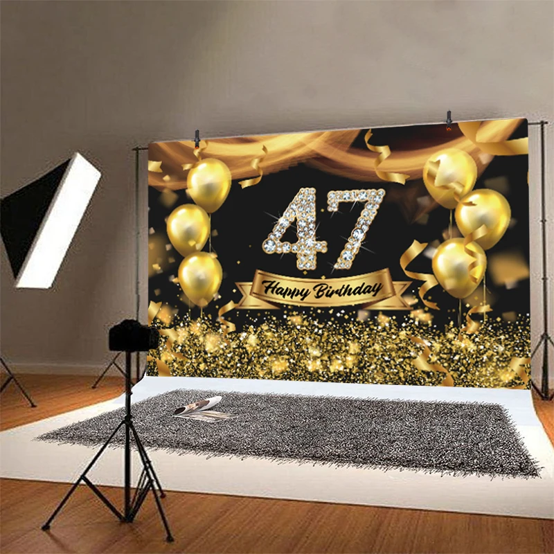 Black Gold 47th fondale uomo 47 anni festa di compleanno fotografia sfondo Studio fotografico torta Dessert Table Decor Banner