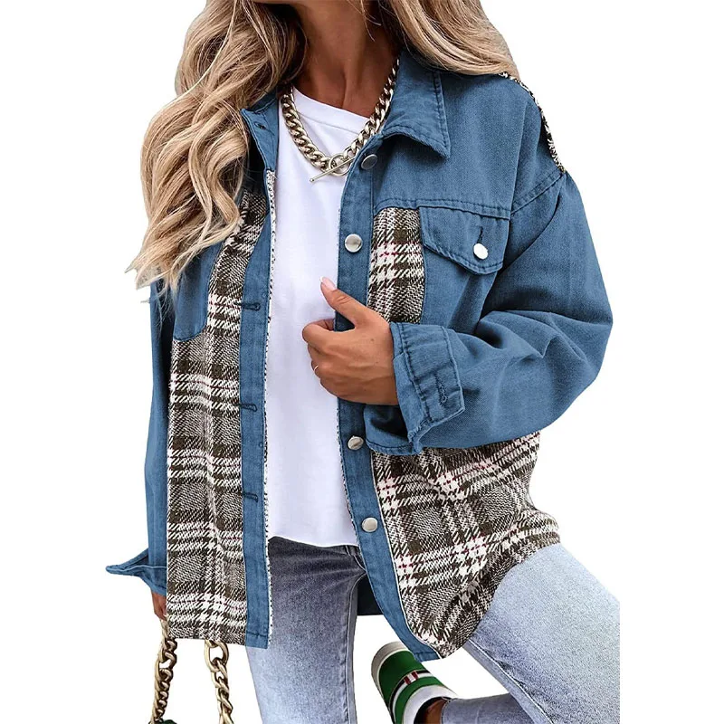 2023 New Winter Fashion Plaid Color Matching Trend Casual Shake Head Button Shirt Collar Versatile Commuting Style Denim Jacket