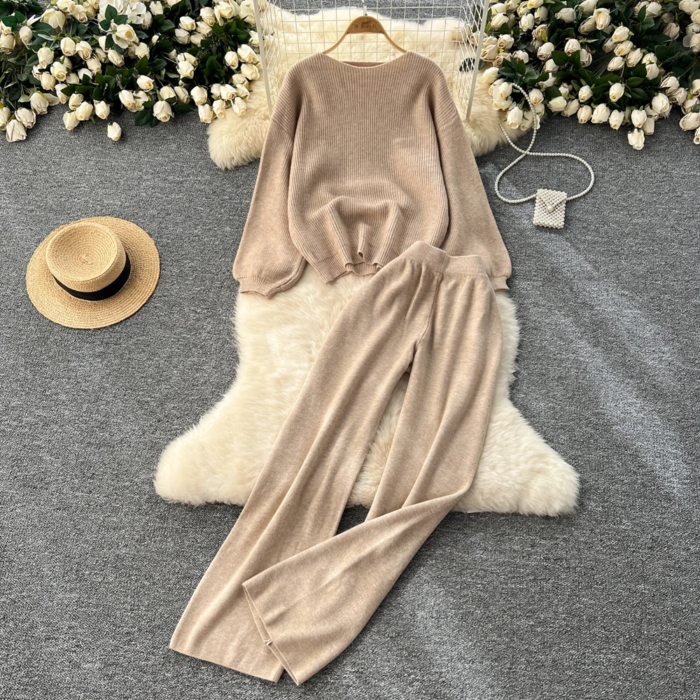 REALEFT Autumn Winter 2 Pieces Women\'s Sets Outfit Knitted Tracksuit Solid O-Neck Sweater and Straight Jogging Pant Suit 2024