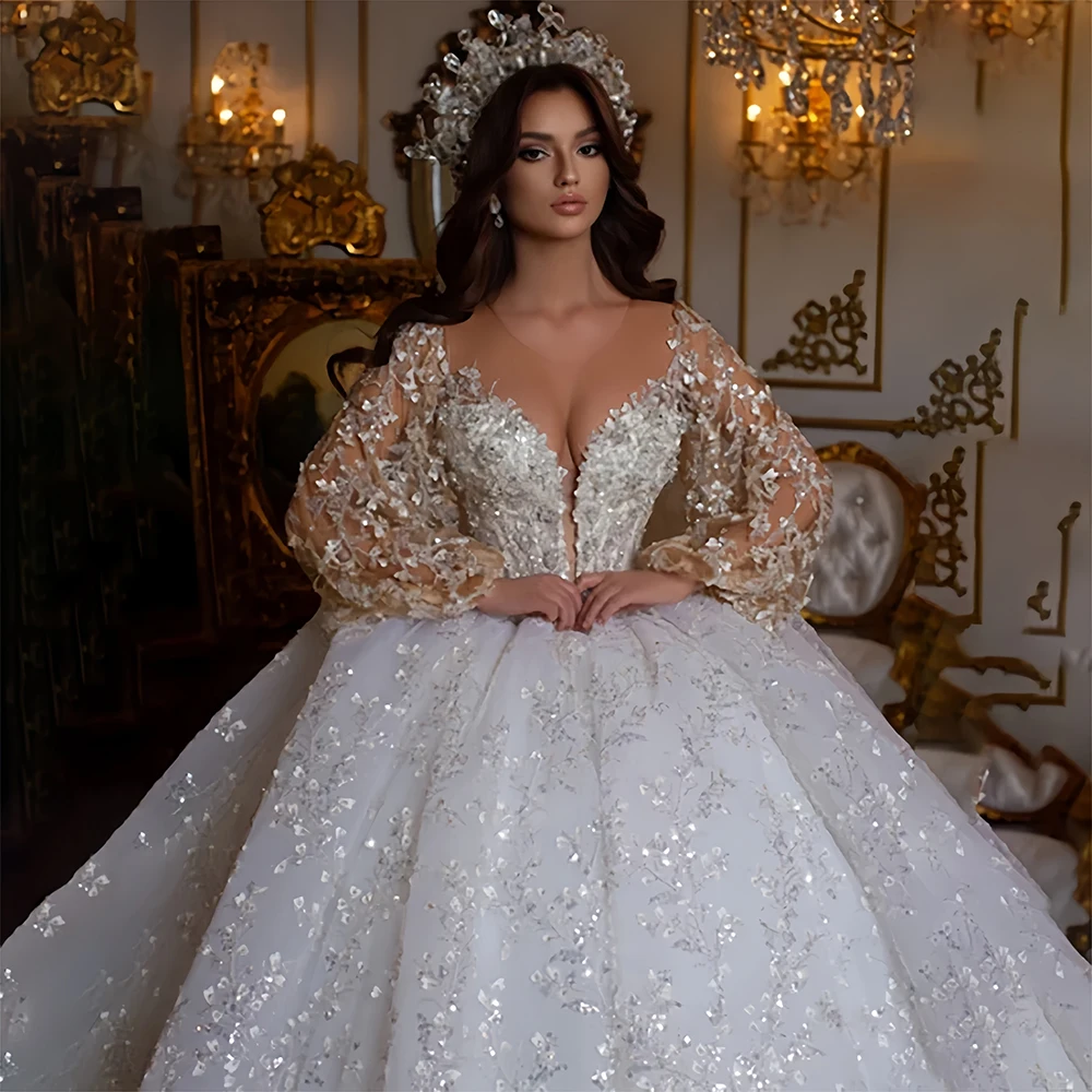 

Luxury Ball Gown Wedding Dress Lace Sequin Beaded Sweetheart Long Sleeve Court Train Princess Bride Gowns