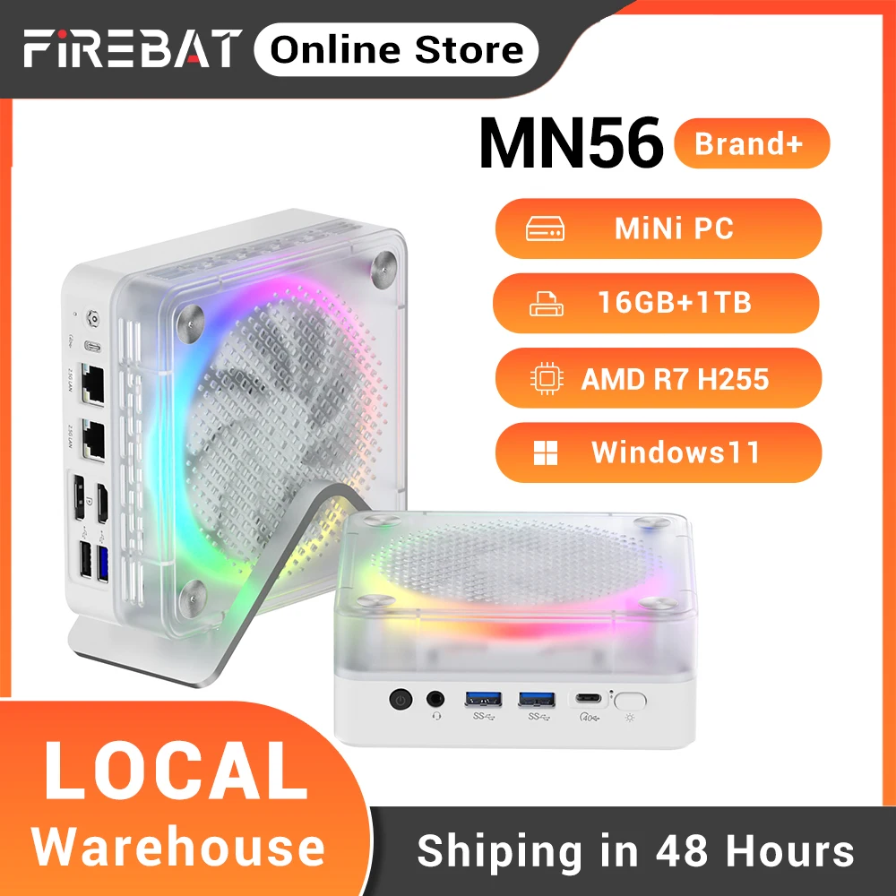 

Мини-ПК FIREBAT MN56 RGB с вентилятором, AMD Ryzen 7 H 255, DDR5 16 ГБ ОЗУ, M.2 PCIe4.0 1 ТБ SSD, WiFi 6, BT5.2, USB4, Windows 11, настольный компьютер