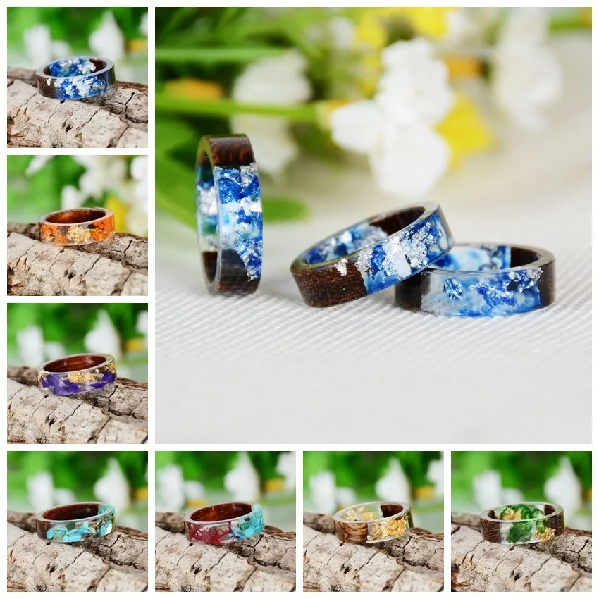 Creative Wooden Resin Ring for Women Men DIY Handmade Colorful  Dried Flower Rings Fashion Jewelry Gift Beautiful Couple Ring