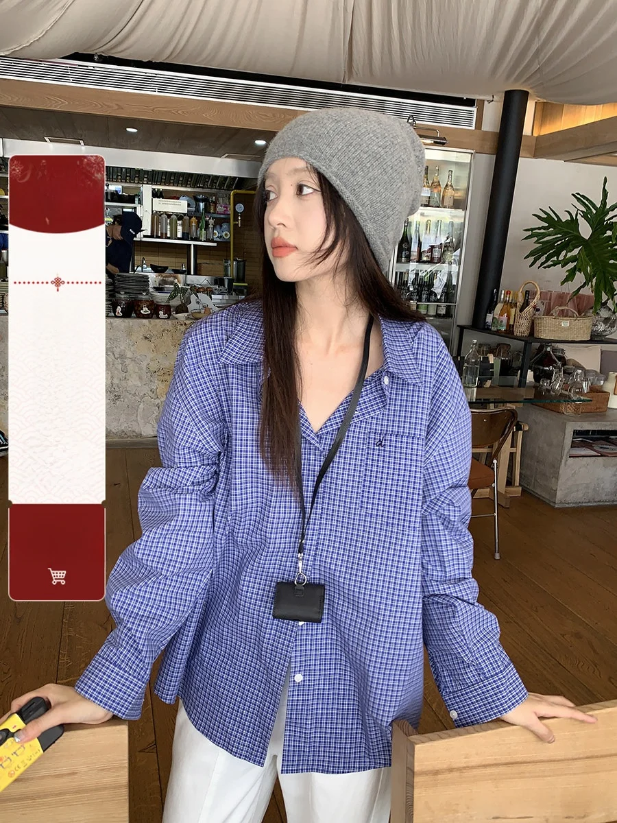 

Sinbounboun Plaid irt Women's Spring 2026 Early Sunscreen Casual Loose Long Sve Collar Embroidered Cotton irt