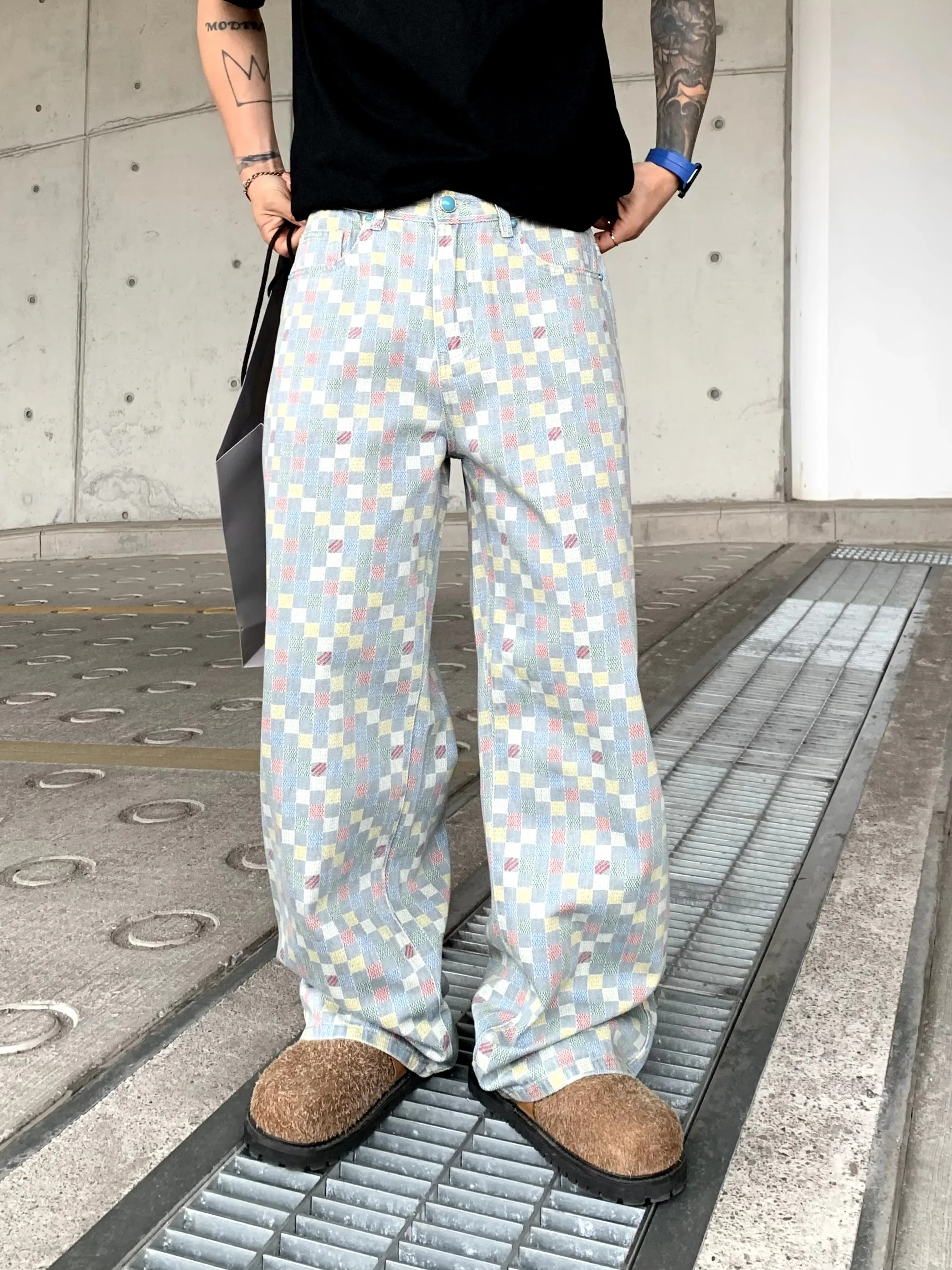 

Мужские джинсы свободного кроя в клетку, прямые, широкие, в американском ретро-стиле, весна-лето, новинка, уличный стиль