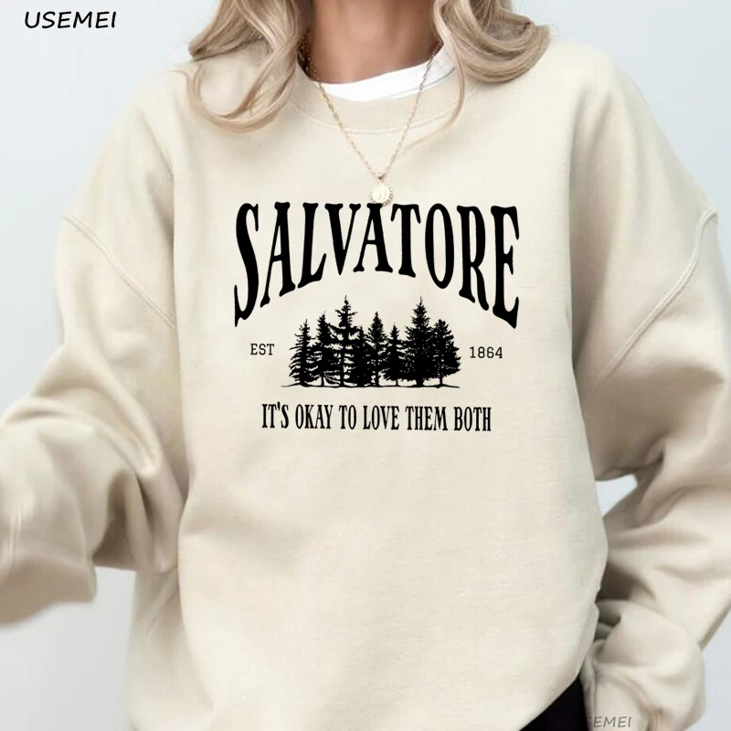 Mystic Falls Virginia เสื้อ Salvatore Brothers Damon Salvatore 1864 Crewneck เสื้อกันหนาวฤดูใบไม้ผลิฤดูใบไม้ร่วง Pullover Hooded