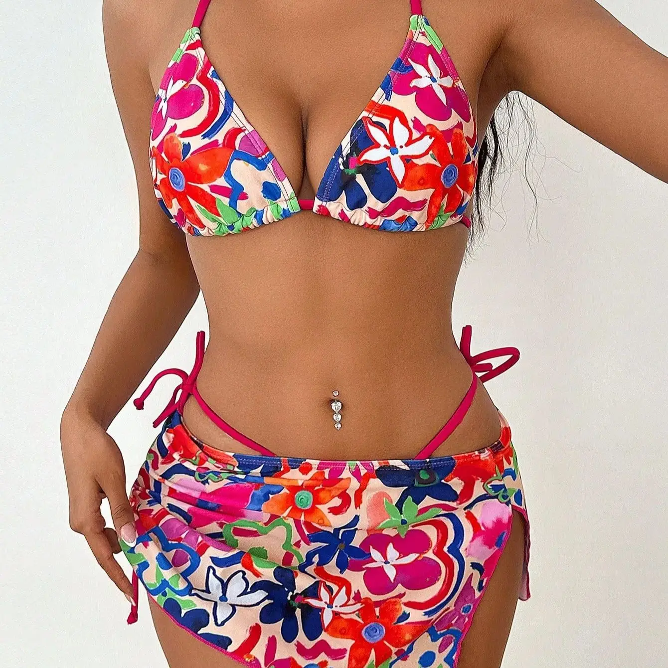 

2025 Women's 3 Piece Bikini Set Waist Tie Belt & Mini Skirt Cover Up Sexy Beach Swimsuit Summer Floral Swimsuit Boho Beach Suits