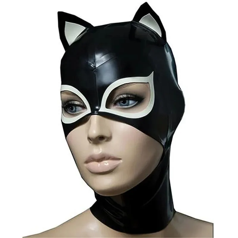 

Черный латексный капюшон с белыми кошачьими ушками, молния сзади, открытые глаза, резиновая маска для рта, косплей, клубная одежда, реквизит для костюма см; 5