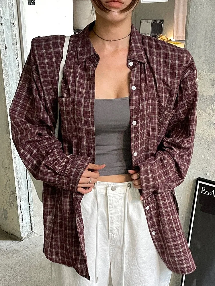 

Korean Sle Lazy Plaid irt Women's Design Sensation Elegance Open Cardigan Autumn Single Button Retro Top