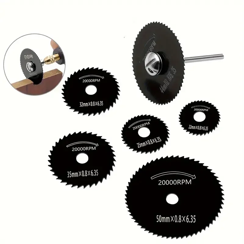A Set of 6 High-Speed Steel Mini Saw Blades, Suitable for Electric Drills with Wood, Plastic and Metal, Including Shaft
