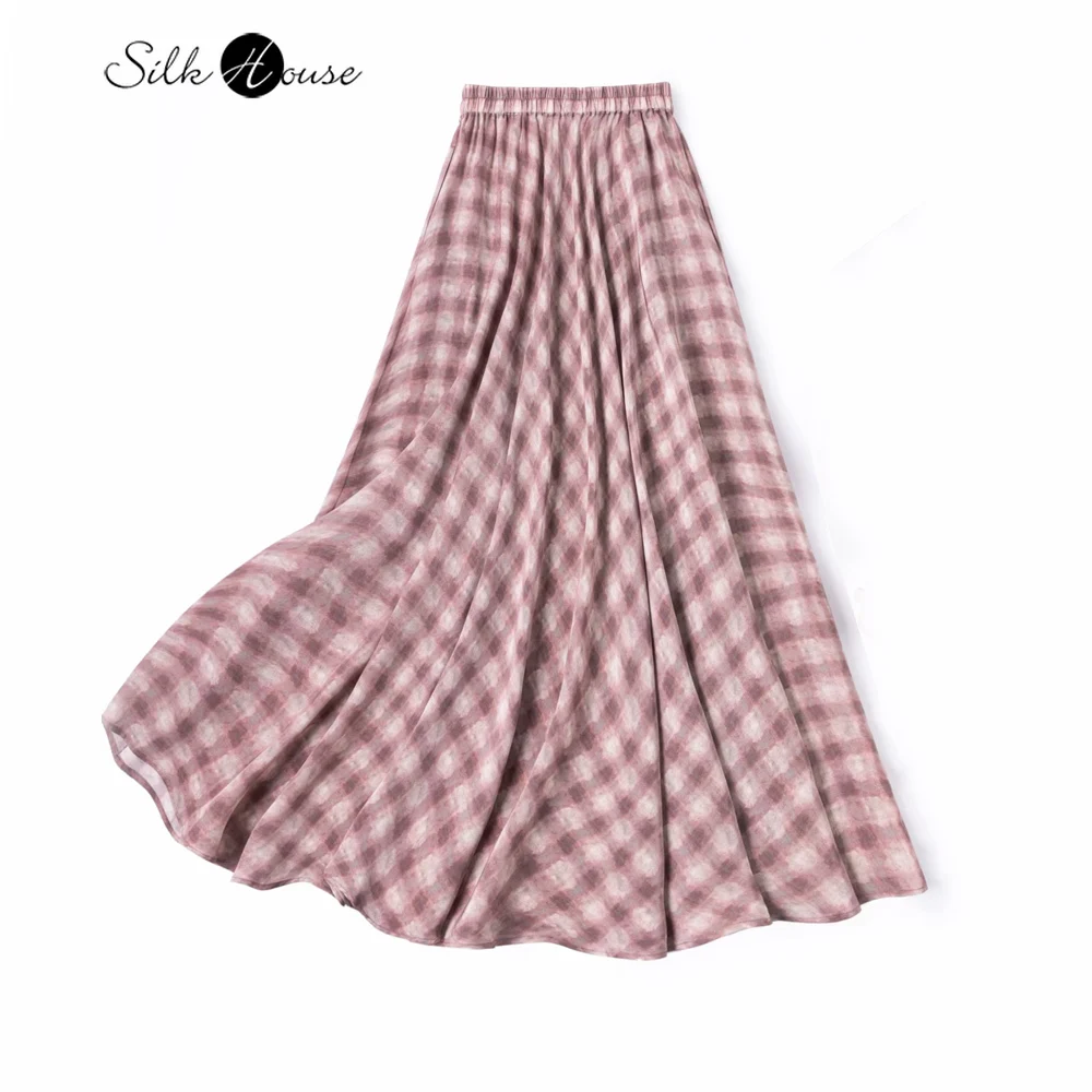 College Style Women's Fashionable Pink 3-meter Large Swing 100% Natural Mulberry Silk Crepe De Chine Oblique Cut Skirt