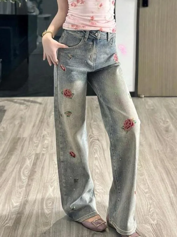 

Heavy Embroidery Rose Flower Straight Leg Jeans Wide Leg Pants High Waist Commute Style Spring Summer New Arrival Versatile