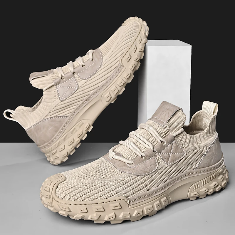 High Quality Men Shoes Fly Woven Breathable Thick Sole Non Slip Lightweight Soft Sole Comfortable Sports Leisure Shoes