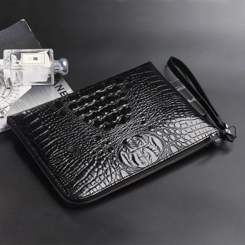 Genuine Leather Pattern Male ZIP Clutch Purse Card Holders Authentic Crocodile Skin Printed Classic Black Men's Wristlets Bag