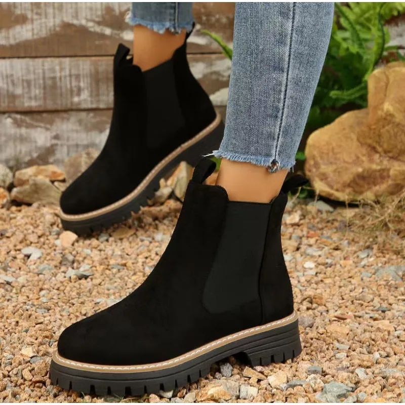 

Scrub Leather Women's Inside Heightening Short Boots Platform Chelsea Booties Plus Fleece Warmth Ankle Boots Botas De Mujer