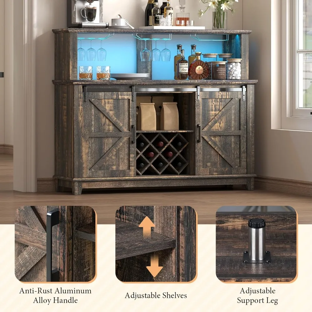 Armoire à vin avec lumières LED, café-bar de 55 po avec rangement à 2 niveaux, porte-verres, 8 casiers à vin, armoire à vin avec porte de grange