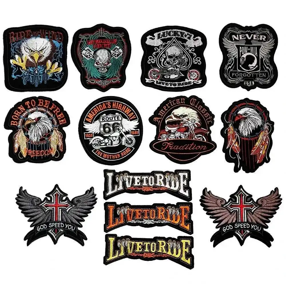 Punk Eagle Paw Live to Ride Skull Embroidery Patches for Clothing Iron on Clothes Biker Motorcycle Applique Badge Stripe Sticker