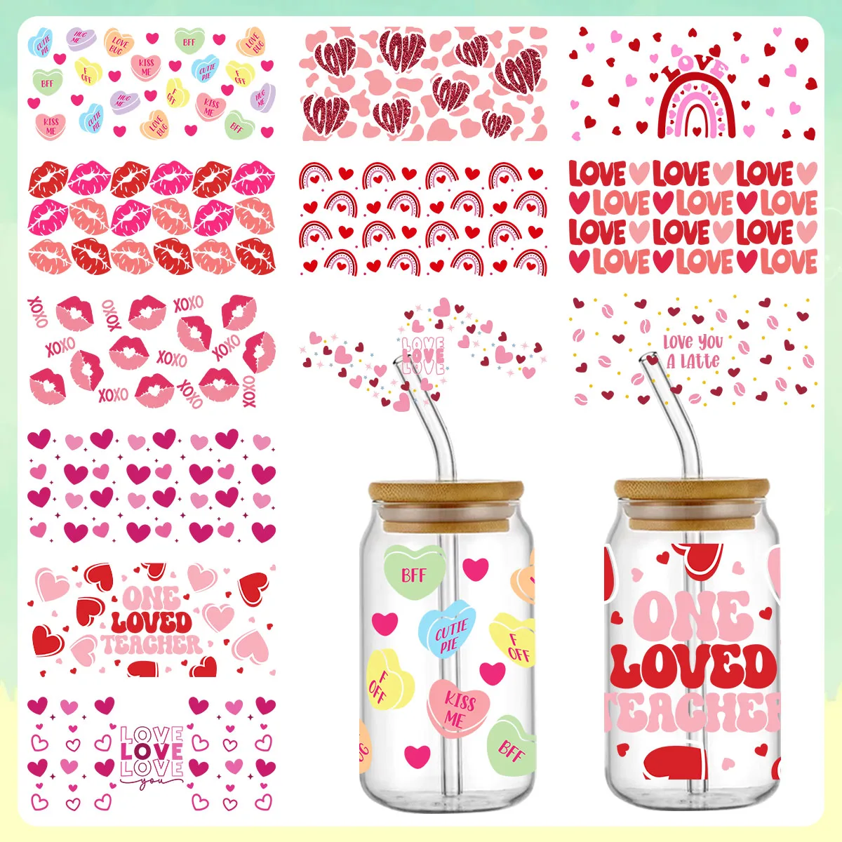 16oz Libbey Glass Cups, UV DTF Cup Wrap, Valentine\'s Day