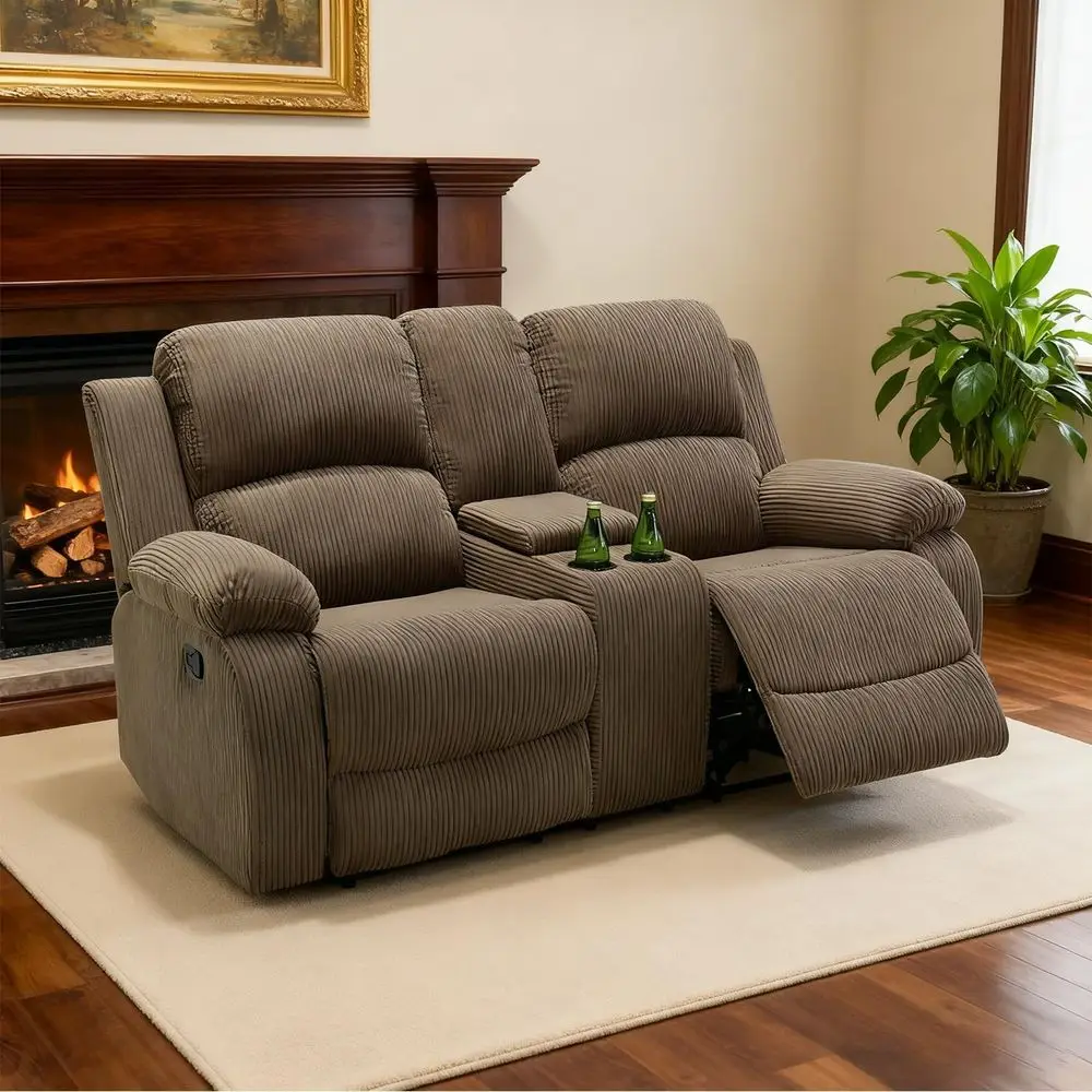 

2 Seater Reclining Sofa with Dual Recliners, Latte Couch with Storage and Cup Holders for Living Room, Home Theater, or RV (70 L