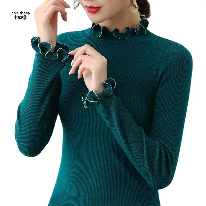 Western Style Fungus Petal Collar 2024 New Slim Bottoming Shirt Women's Inner Dark Green Sweater