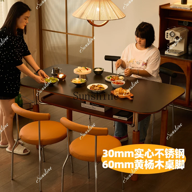 MWabi Sandy Wind Solid Wood Modern Simple Household Black Matte Stainless Steel Slate Dining Table and Chairs