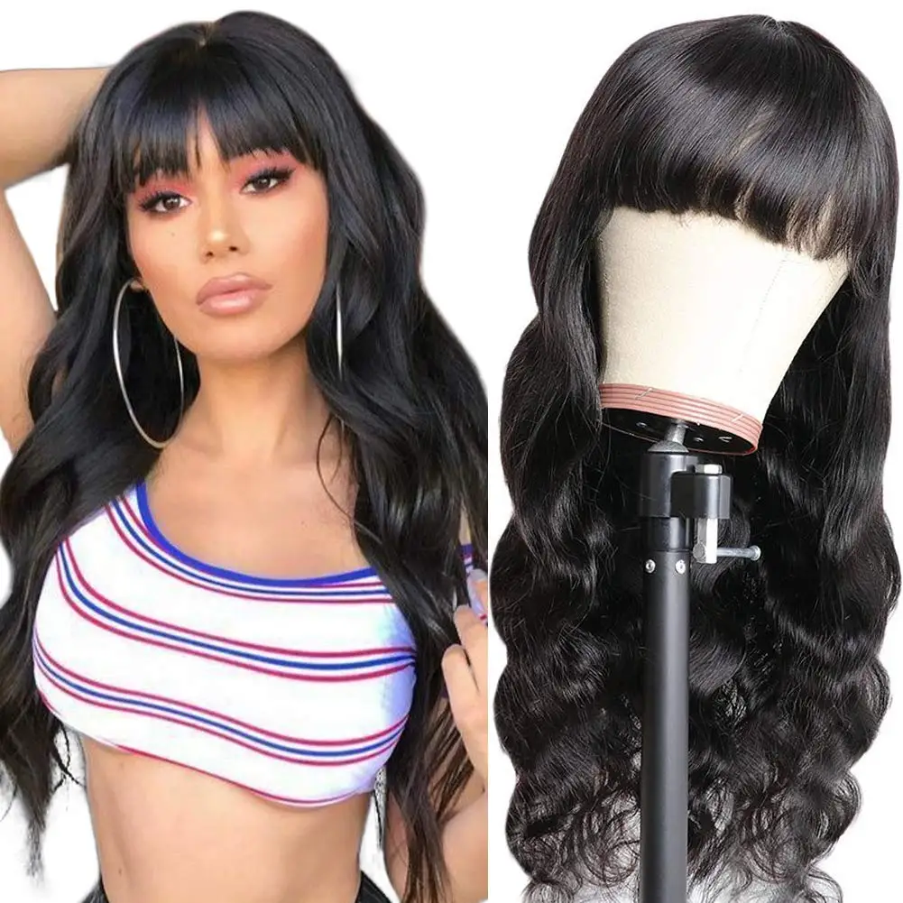 

Body Wave Human Hair Wig With Bang Full Machine Made Wigs 18-32 inch Natural Color 180% Density Brazilian Human Hair Wigs