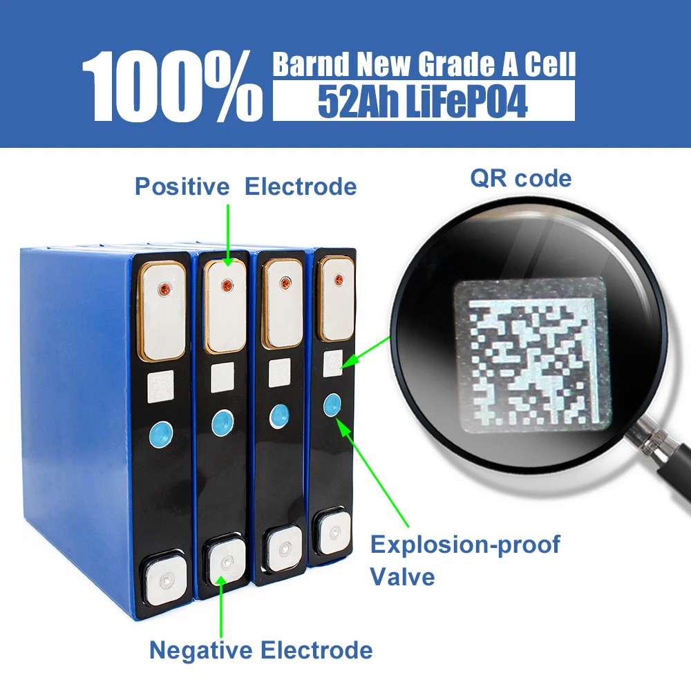 3.2V 50Ah 52Ah Lifepo4 Rechargeable Batteries Original Brand New Cell For Solar Energy Storage DIY 12V 24V 48V 50Ah Battery Pack