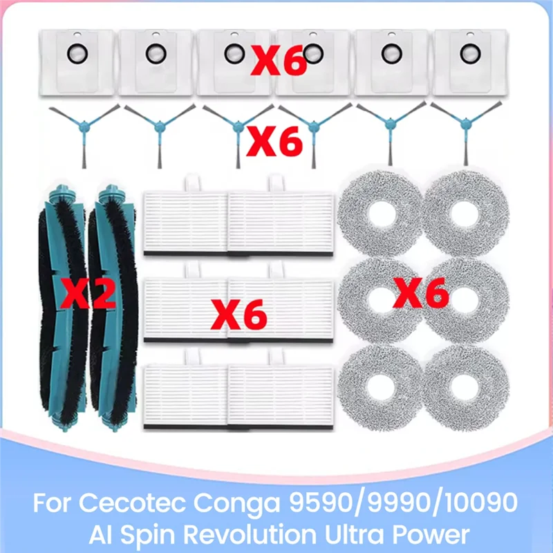 

BAAM-For Cecotec Conga 9590/9990/10090 AI Spin Revolution Ultra Power Accessories Kit Main Side Brush HEPA Filter Mop Cloth Dust