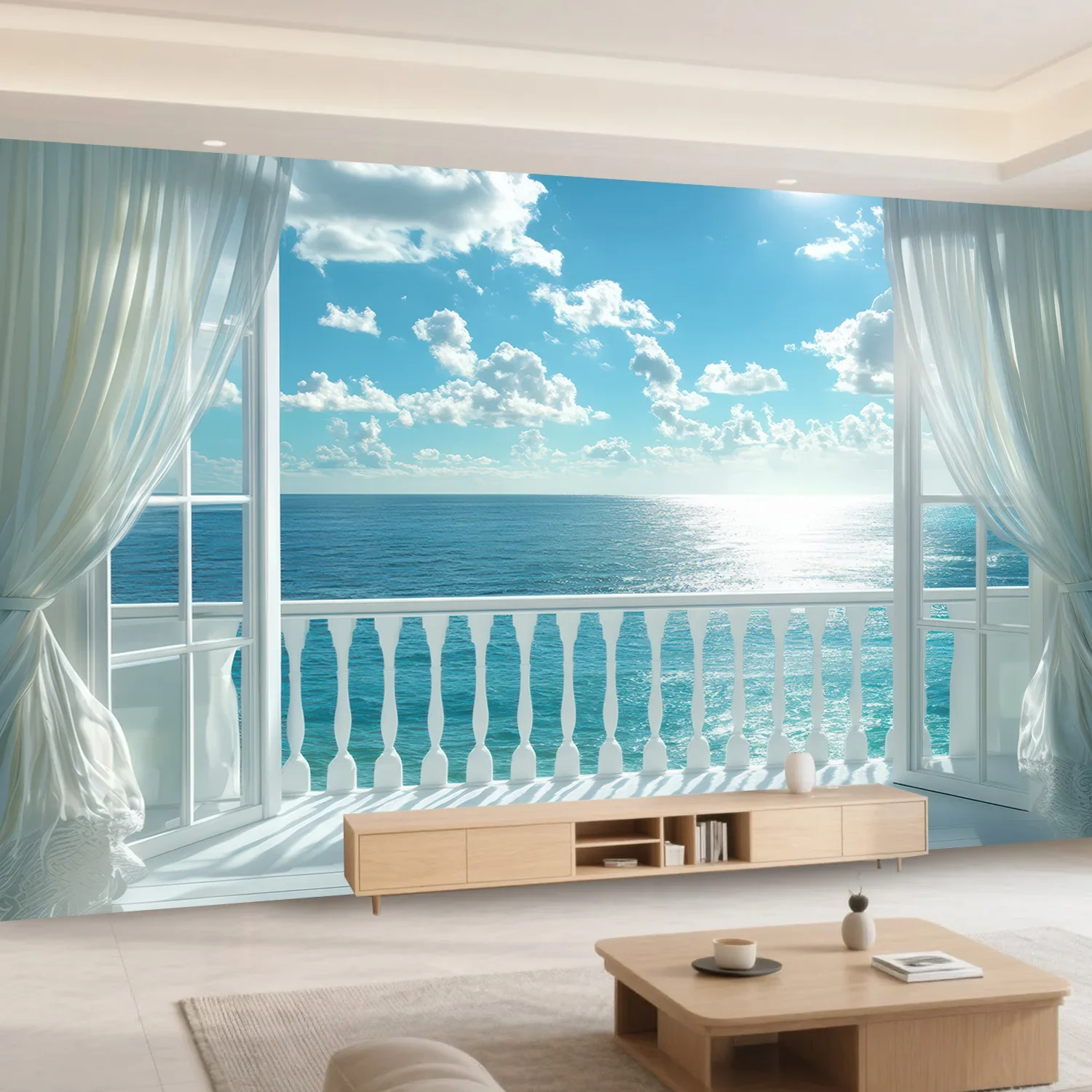 Ocean View Balcony Window Sea Sky Clouds Tapestry Fake Window Wall Hanging Beach House Decor Coastal Style Living Room FabricArt