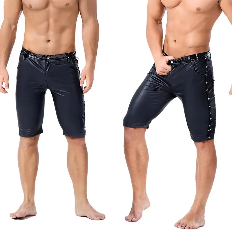 Men's PU Leather Shorts Soft Black Sports Gym Casual Wear Rivet Detail Five-Point Short Pants for Active Lifestyle