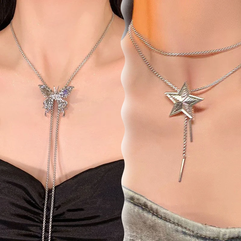 Titanium Steel Pull Butterfly Necklace Women's Long Tassel Clavicle Chain Light Luxury Fashion Versatile Hot Girl Body Jewelry