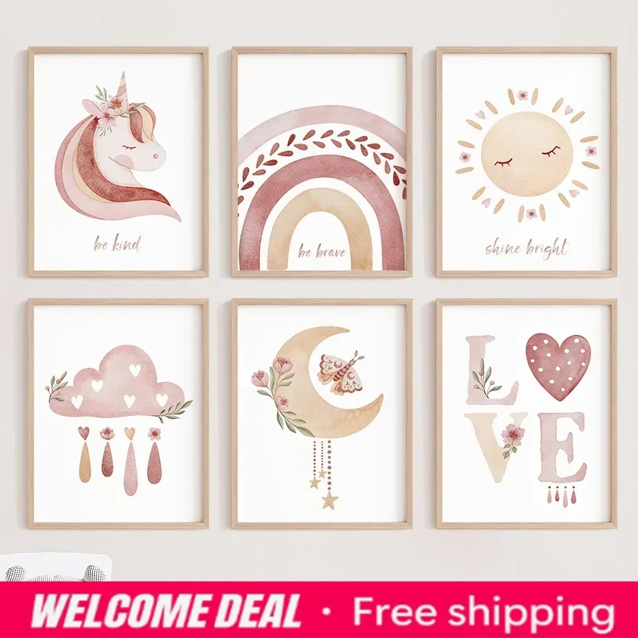 2026  Watercolor Unicorn Sun Moon Rainbow Cloud Wall Art Canvas Painting Cartoon Posters And Prints Pictures Girl Kids Room H