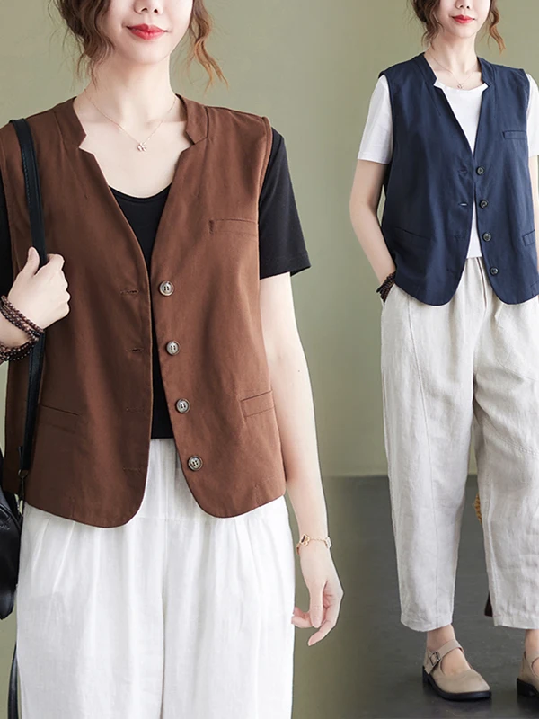 

Женский универсальный жилет, верхняя одежда, весна-лето 2022, V-Ne на пуговицах, стандартная длина, одинарный цвет свеча, для поездок на работу, сле