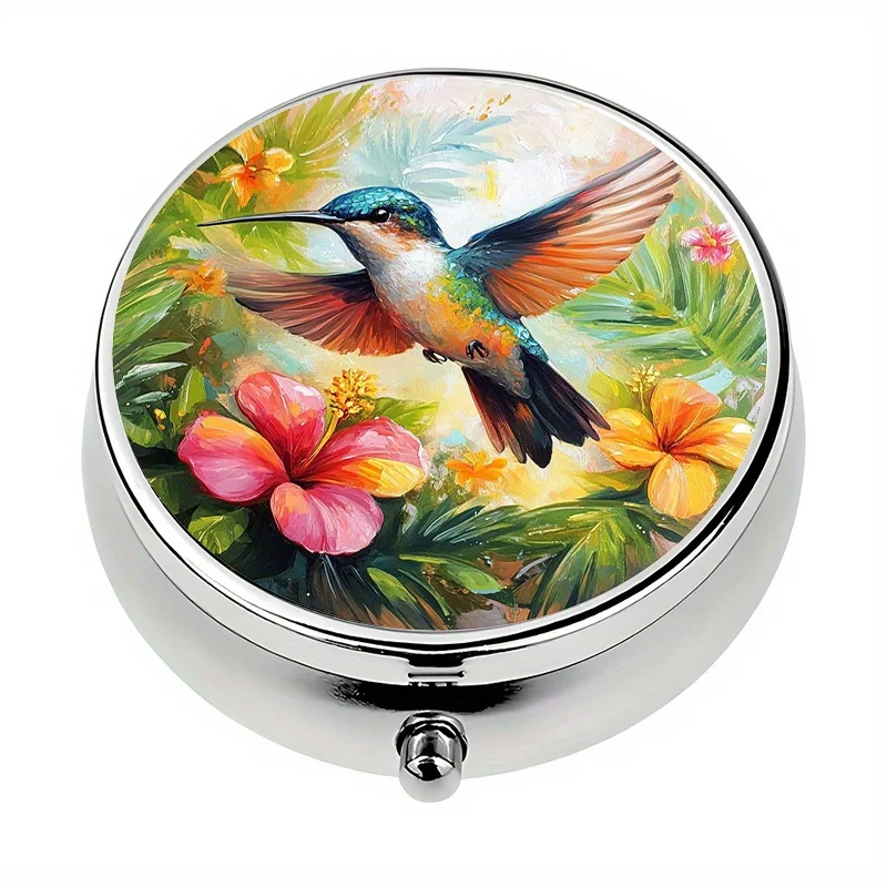 1 pill box, with 3 compartments, tropical hummingbird-themed mini pill box, medicine storage box, perfect for travel and storing vitamins