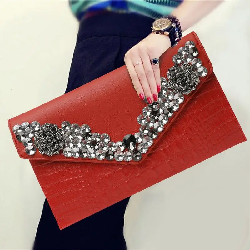 New Product Cowhide Handbag Red Black Envelope Bag Women\'s Banquet Dress Bag Inlaid with Diamond Shiny Handbag Matching Chain