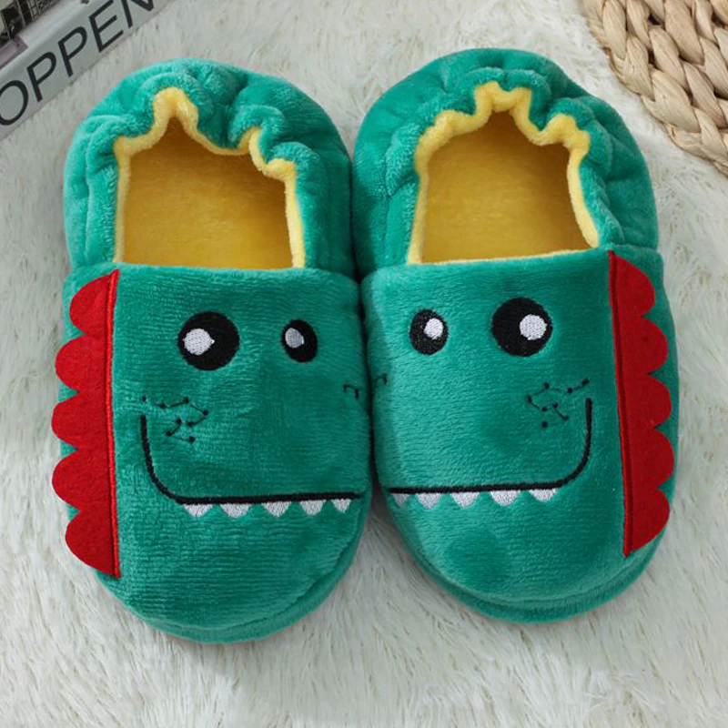 Fashion Toddler Boy Slippers Indoor Winter Cartoon Dinosaur Plush Warm Kid House Footwear Soft Rubber Sole Home Shoes Baby Items