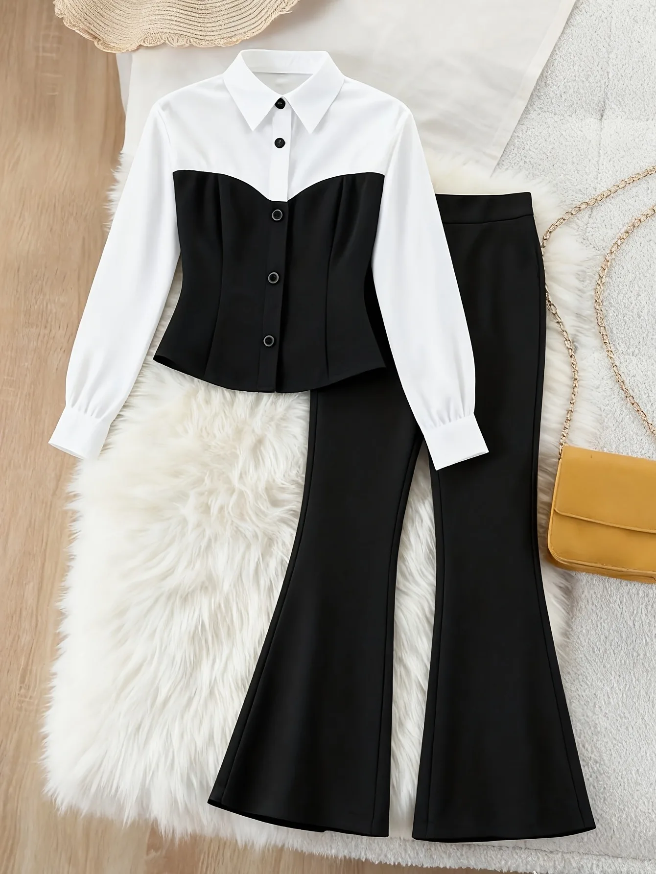 Kids Girls 2 Piece Outfit Lapel Button Color Block Slim Top High Waist Flare Trousers For School Ceremony Daily Casual Formal We