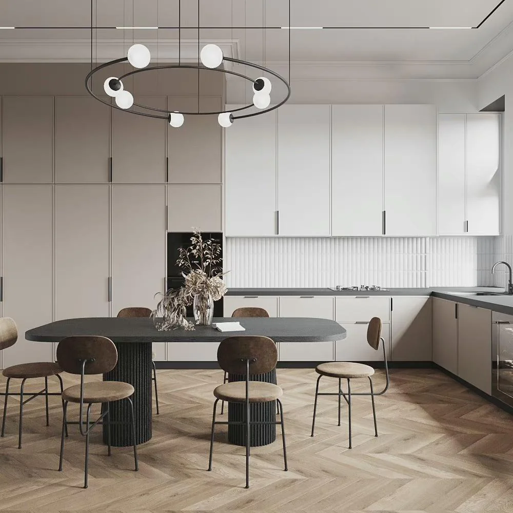 أثاث المطبخ المصنوع حسب الطلب على شكل حرف U، مجموعة خزانة المطبخ الحديثة ذات الجدار الكامل من الميلامين