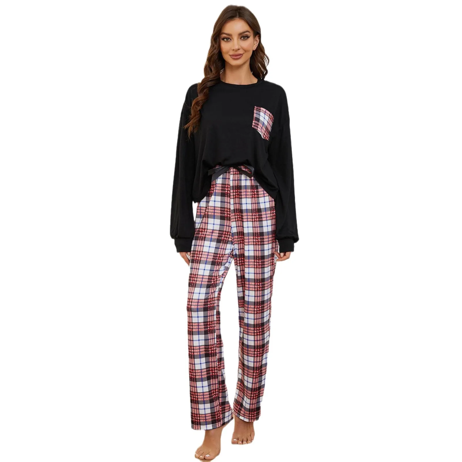 Conjunto de Pijama a cuadros para Mujer, ropa de dormir femenina, color negro