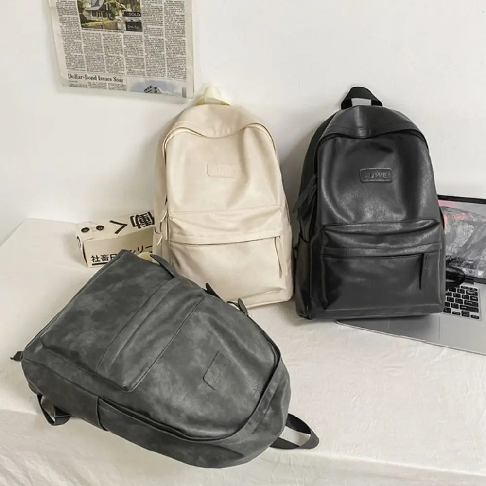 Simple Korean Style Leather Backpack Men Multiple Pockets Large Capacity Travel Bag Storage Waterproof Shoulder Bag Students