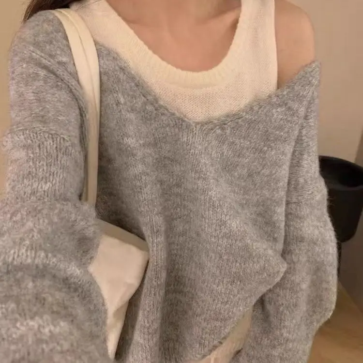 

Свободный вязаный свитер с v-образным вырезом для женщин, осенне-зимний модный универсальный комплект из двух предметов, удобный