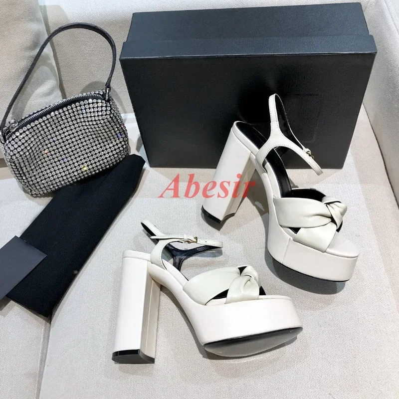 

Women Square Platform Sandals White Black Solid Color Round Open Toe Ankle Knot Design Buckle Summer New Simple Shoes