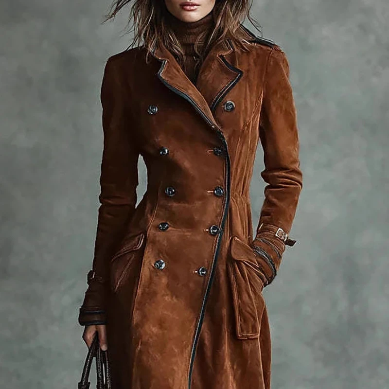 

Осень-зима, двубортная повседневная куртка с длинными рукавами, однотонная ветровка с карманами в стиле ретро, замшевое облегающее женское пальто в западном стиле