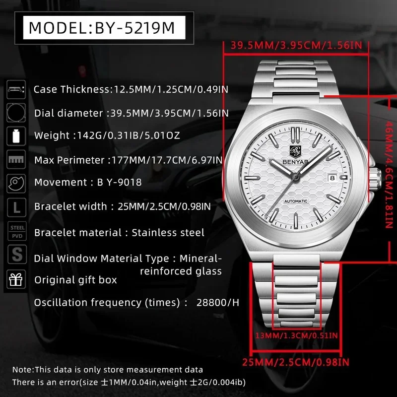 Benyar 2026 New Top Brand Men's Mechanical Watch Honeycomb Dial Stainless Steel Luminous 30 meter Waterproof Automatic Watch