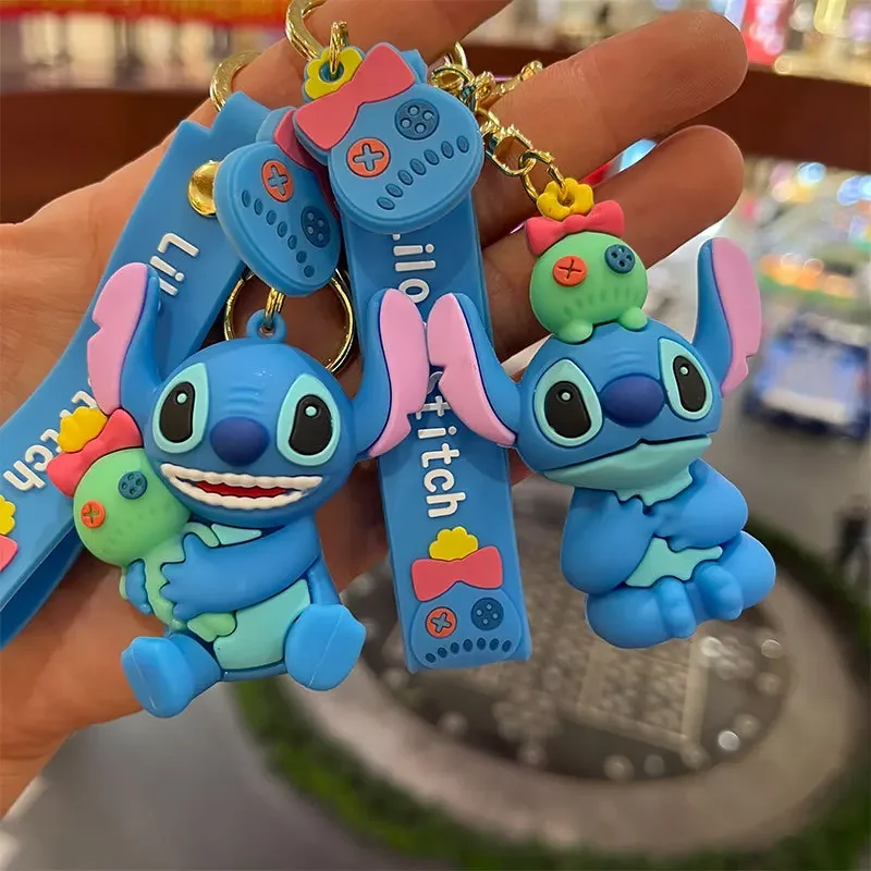 Disney Cartoon Cute Lilo & Stitch Silicone Pendant Keychain for Women Men Fans Kawaii Scrump Angel Keyring for Backpack Car Keys