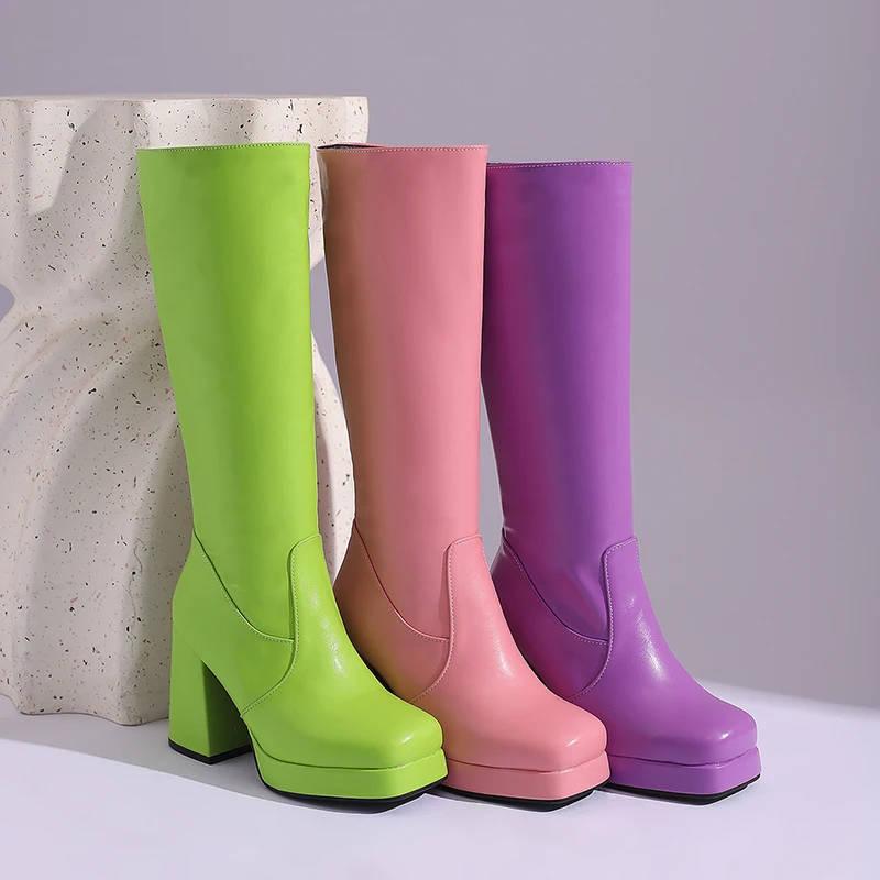 Purple Pink Green Punk Shoes Knee High Boots Women Square Toe Platform Side Zipper Chunky High Heels Motorcycle Boots Size 47 48