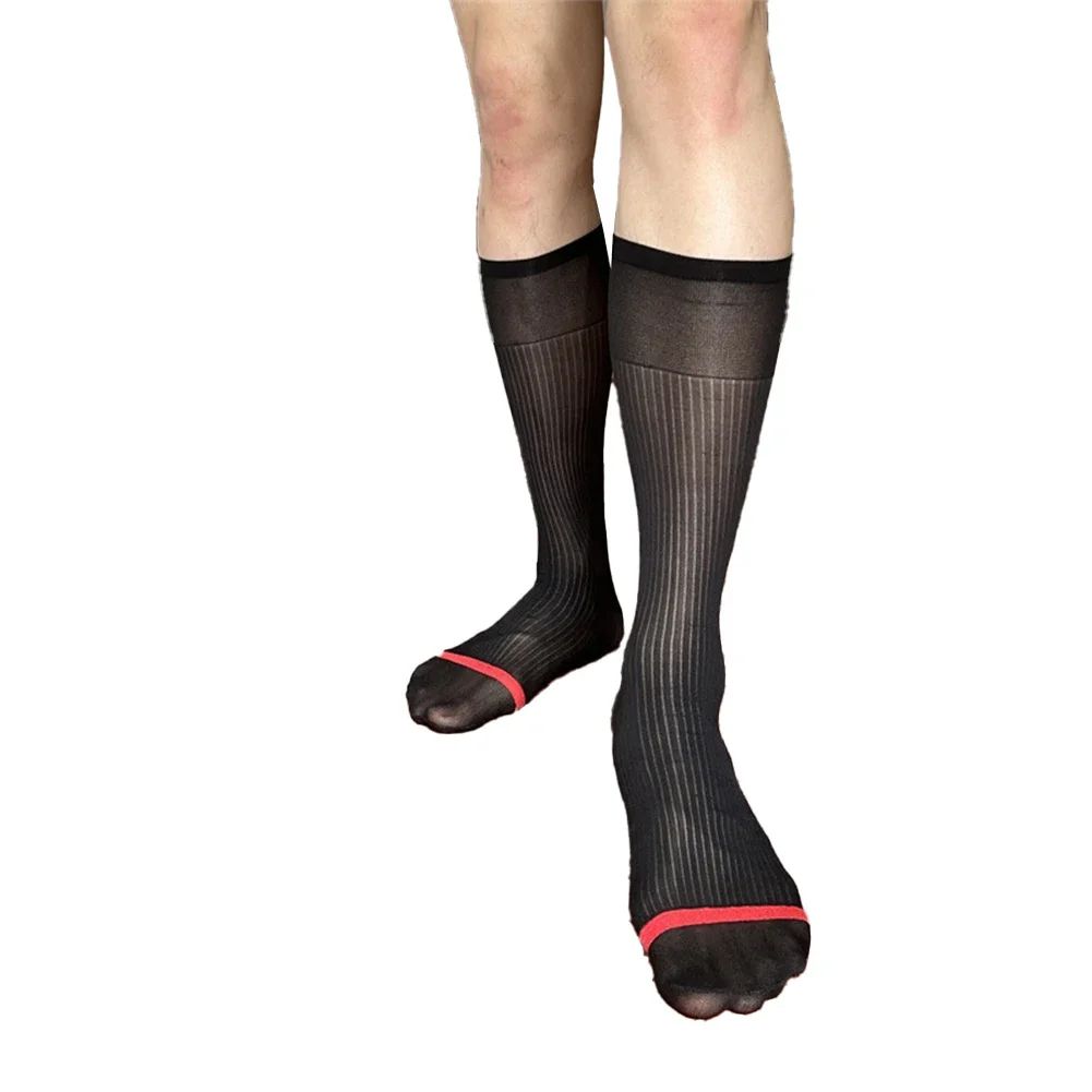 Medias para hombre, calcetines transparentes de nailon, sexis, transparentes, transpirables, tubo de vestir, calcetines ultrafinos para hombre, ropa de rayas anchas y finas