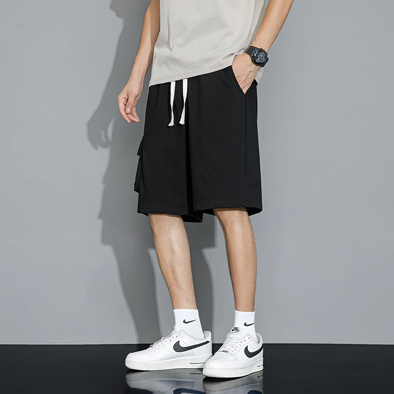 Stylish Safari Style Loose Knee Pants Men's Clothing Straight Summer Drawstring Basic Solid Color Pockets Spliced Casual Shorts