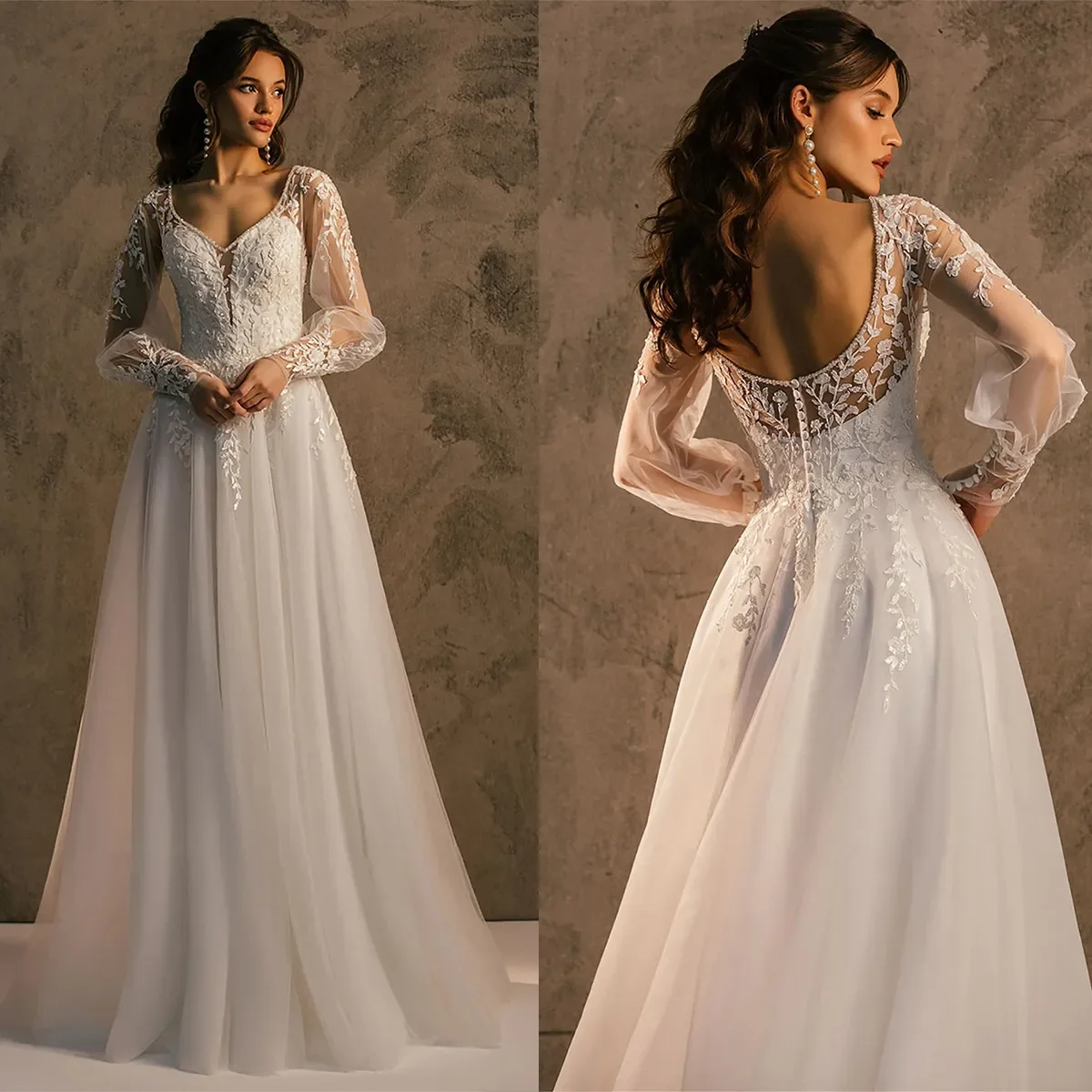 Robe de mariée à manches longues pour femmes, simple, ligne A, sexy, col en V, dos nu, patients, quelles que soient les appliques, balayage, train, sur mesure