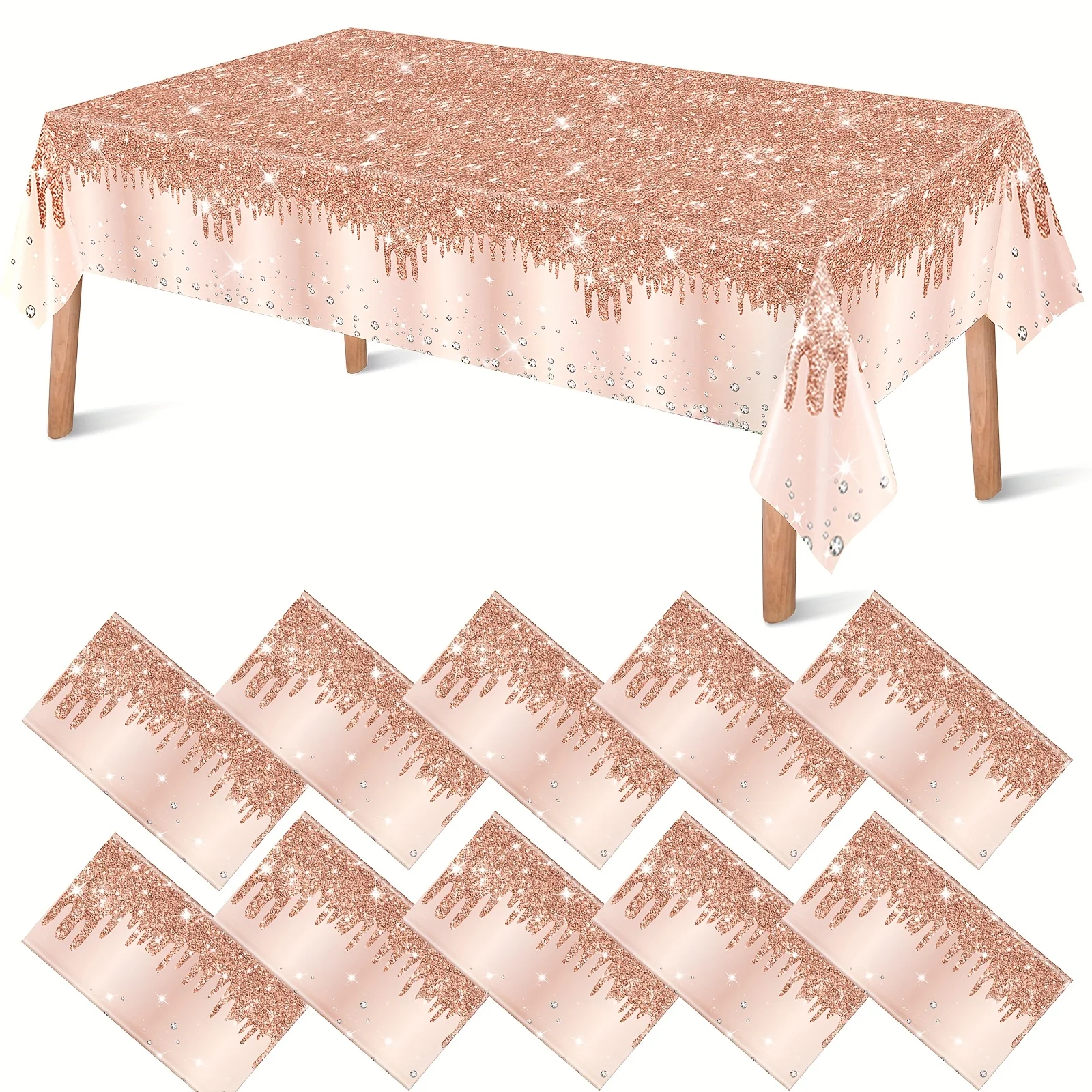 

12pcs Rose Golden Tablecloth Glitter Diamond Plastic Table Cover Sequin Printed Tablecloth Party Decorations for Halloween Birthday Wedding Anniversary Party Supplies, 54x108 Inch